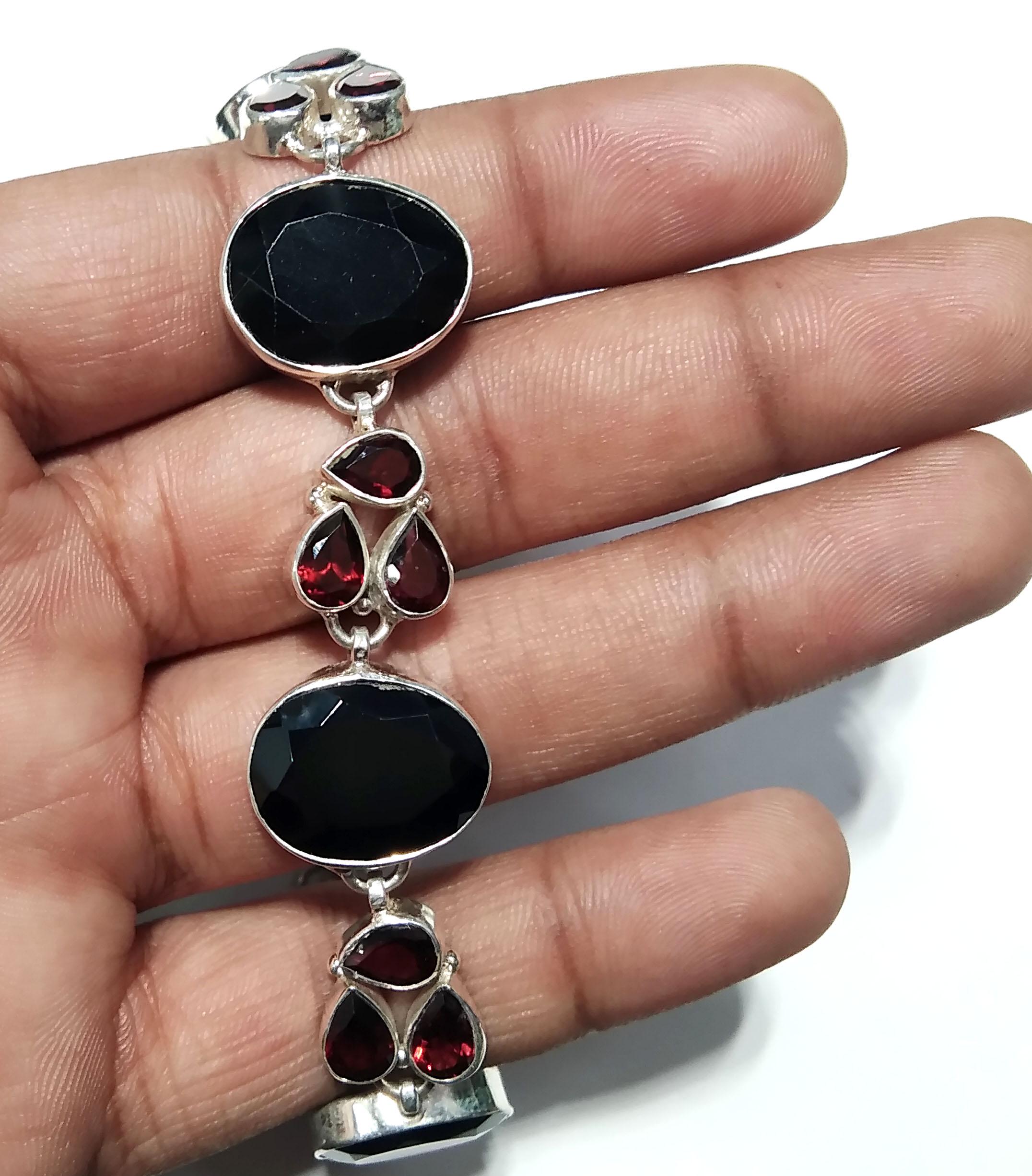 Natural Black Onyx, Garnet Gemstone Bracelet, Solid 925 Starling Silver Bracelet, 8 inches Gift Valentine day Bracelet, Handmade Jewelry